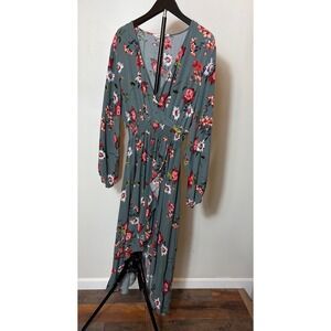 KorMei Womens Floral High Low Maxi Dress XL Sage Green Long Sleeve Smocked Wrap